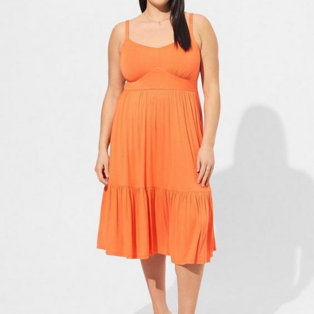 Torrid plus v neck sleeveless knit tiered midi dress, 1XL, orange